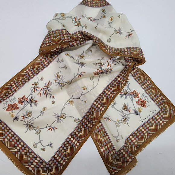 Oscar De La Renta Rectangle Silk Scarf Geometric Border & Floral Design - Picture 1 of 9